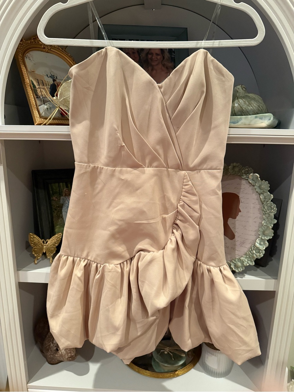 Strapless Tan Ruffle Mini Dress - Picture 2 of 5